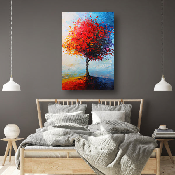 Expressieve kleurrijke boom met rode en oranje tinten canvas
