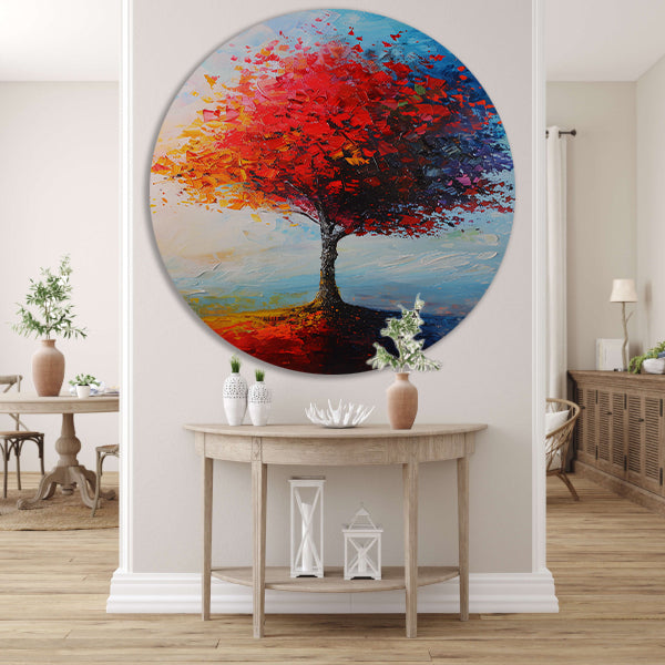 Expressieve kleurrijke boom met rode en oranje tinten aluminium muurcirkel