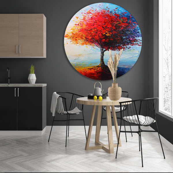Expressieve kleurrijke boom met rode en oranje tinten aluminium muurcirkel