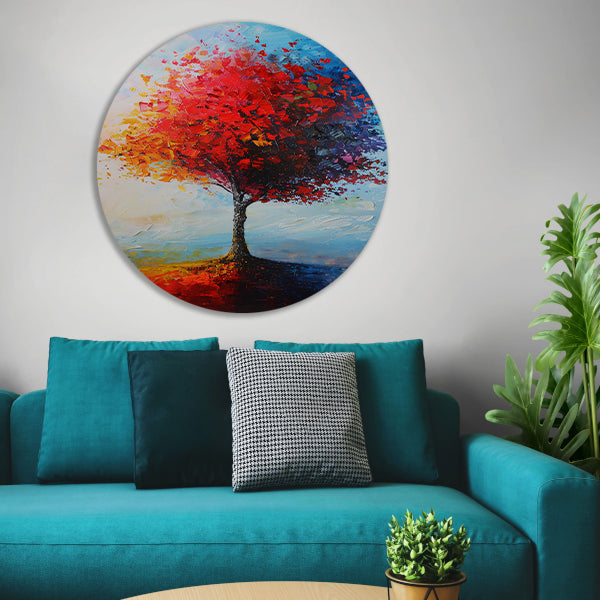 Expressieve kleurrijke boom met rode en oranje tinten aluminium muurcirkel
