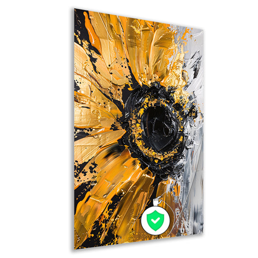 Abstracte zonnebloem in zwart, goud, oranje en wit poster