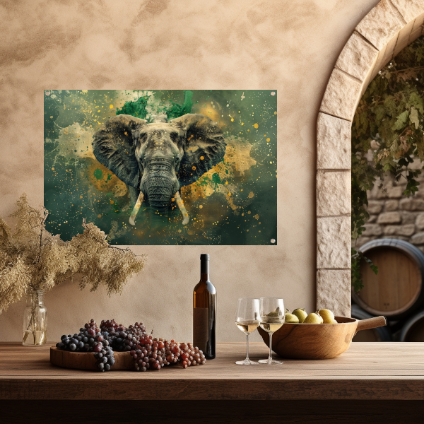 Realistisch olifantportret in dynamische kleuren tuinposter