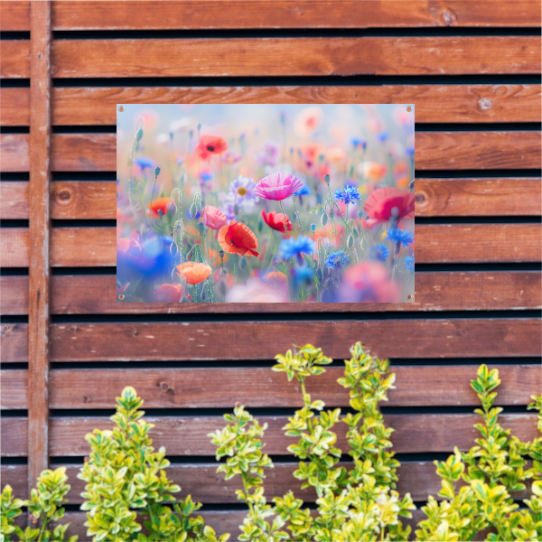 Veld vol met kleurrijke bloemen en natuur tuinposter