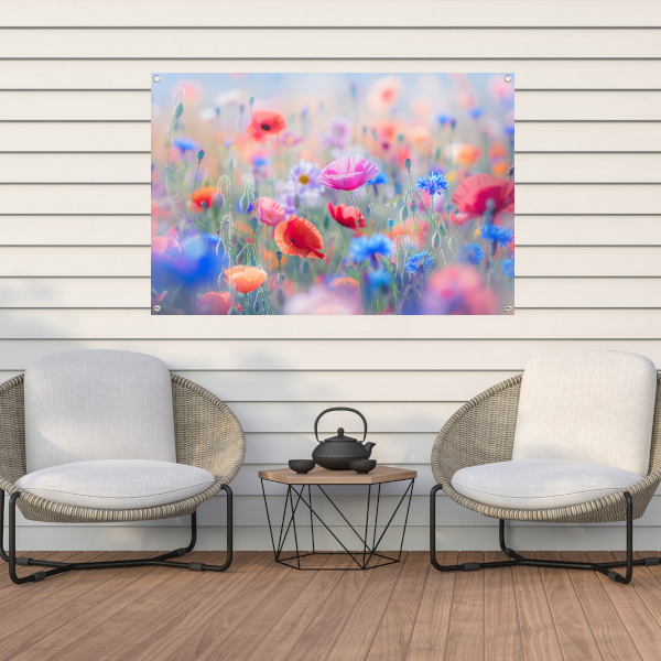 Veld vol met kleurrijke bloemen en natuur tuinposter