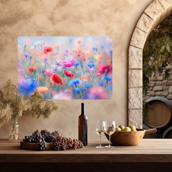Veld vol met kleurrijke bloemen en natuur tuinposter