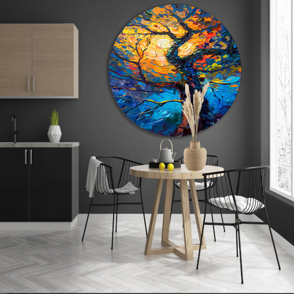 Dynamisch kleurrijk olieverfschilderij van een boom aluminium muurcirkel