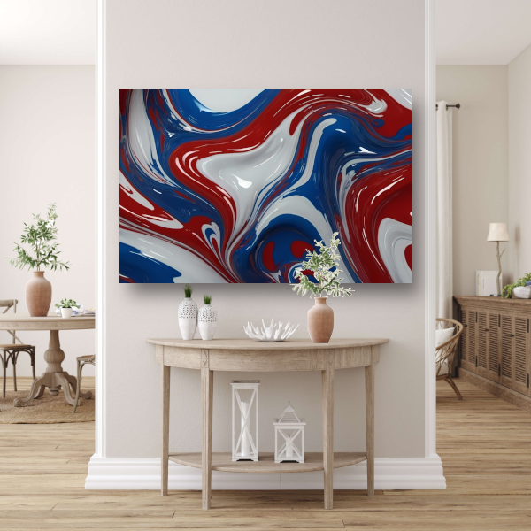Dynamische Rood-Wit-Blauwe Abstracte Vormen canvas met baklijst