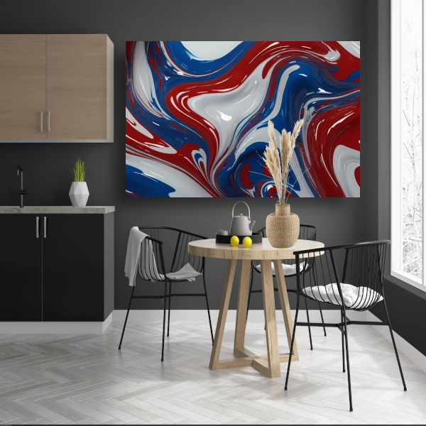 Dynamische Rood-Wit-Blauwe Abstracte Vormen canvas met baklijst