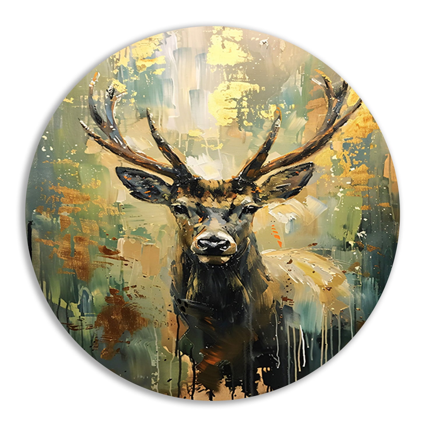 Abstract hertenschilderij met groene en gouden tinten forex muurcirkel