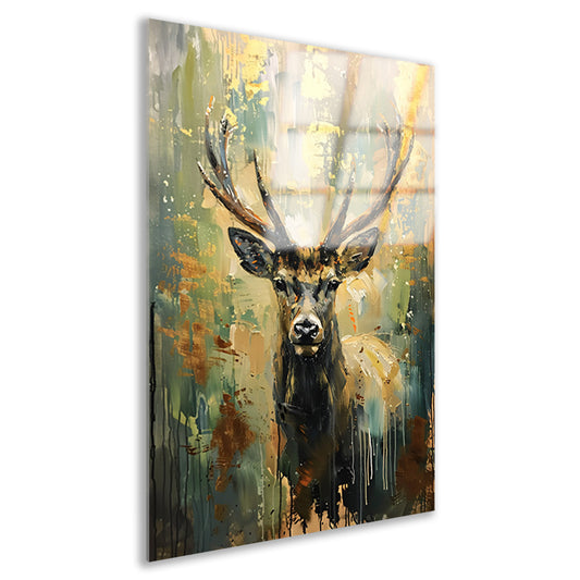 Abstract hertenschilderij met groene en gouden tinten acrylglas