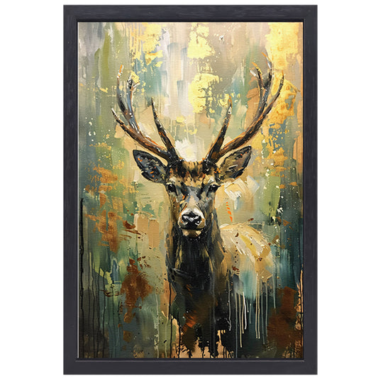Abstract hertenschilderij met groene en gouden tinten canvas met baklijst
