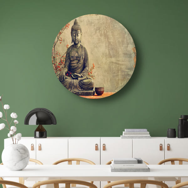 Boeddha met rode bloemen in sepia forex muurcirkel