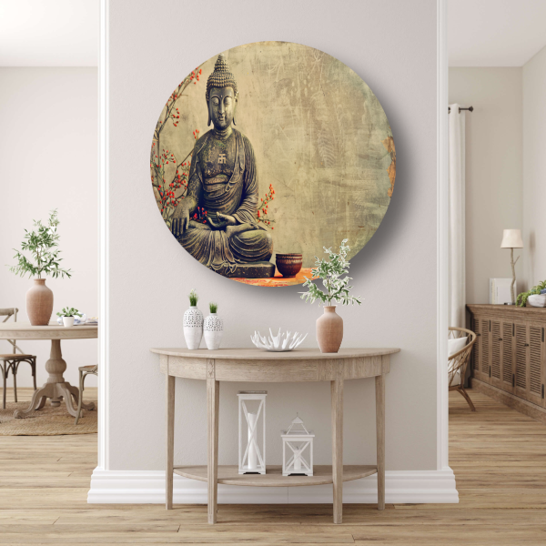 Boeddha met rode bloemen in sepia forex muurcirkel