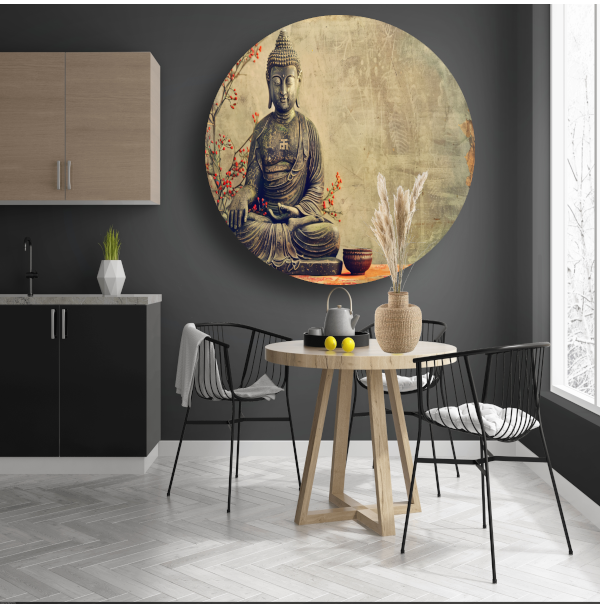Boeddha met rode bloemen in sepia forex muurcirkel