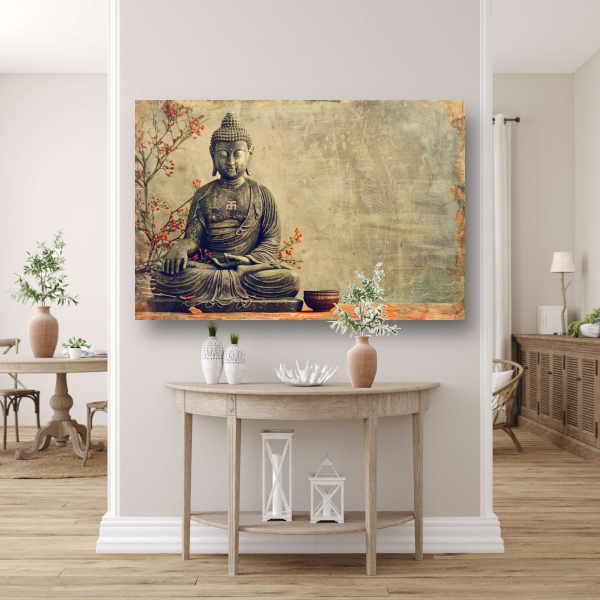 Boeddha met rode bloemen in sepia canvas