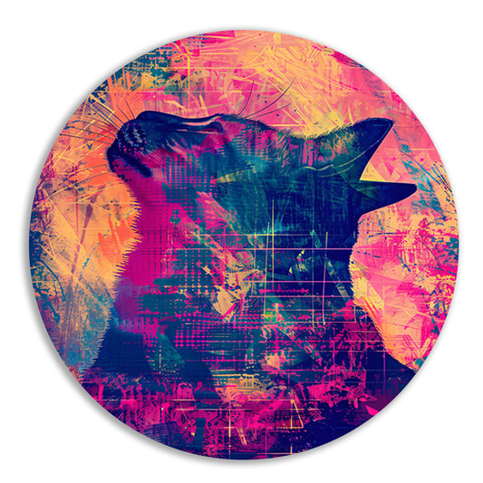 Digitale kunst van kat in levendige kleuren aluminium muurcirkel
