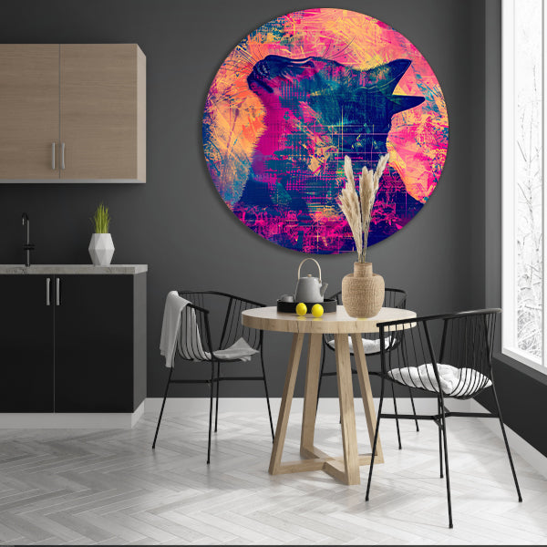 Digitale kunst van kat in levendige kleuren aluminium muurcirkel