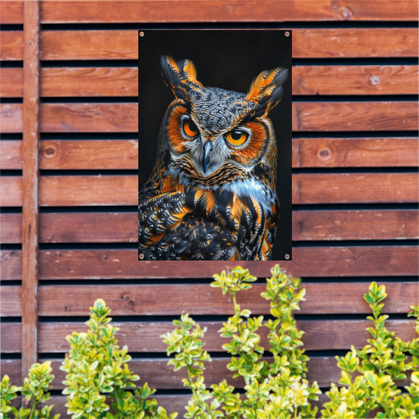 Hyperrealistische Uil met Intense Ogen en Kleurrijke Veren tuinposter