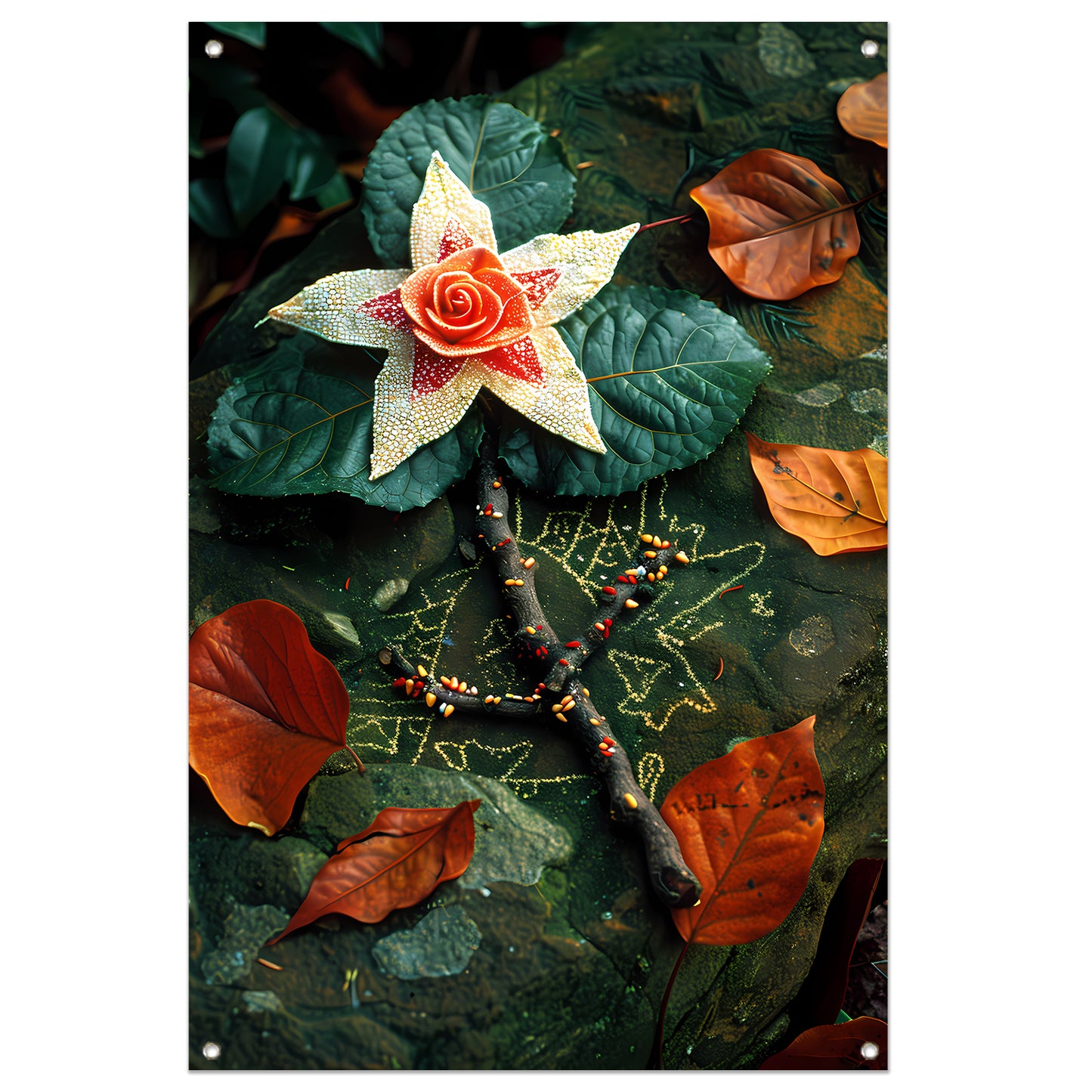 Bloem met juwelen op bed van stenen tuinposter