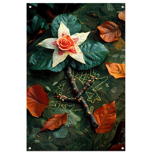 Bloem met juwelen op bed van stenen tuinposter