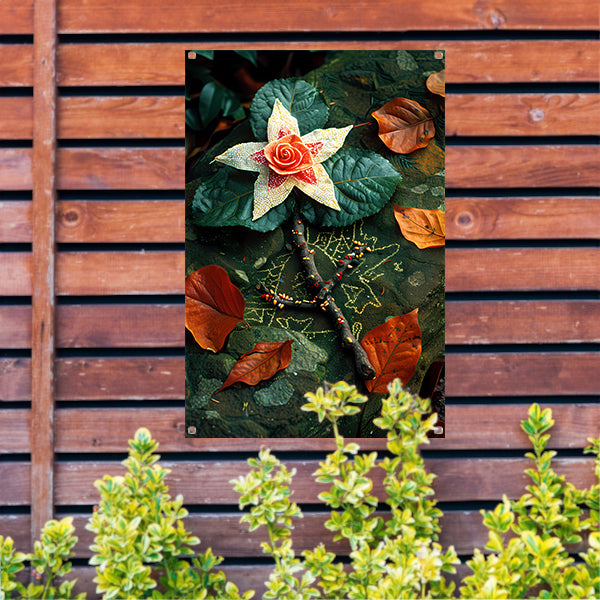 Bloem met juwelen op bed van stenen tuinposter