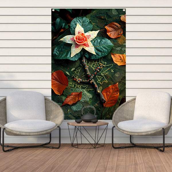 Bloem met juwelen op bed van stenen tuinposter