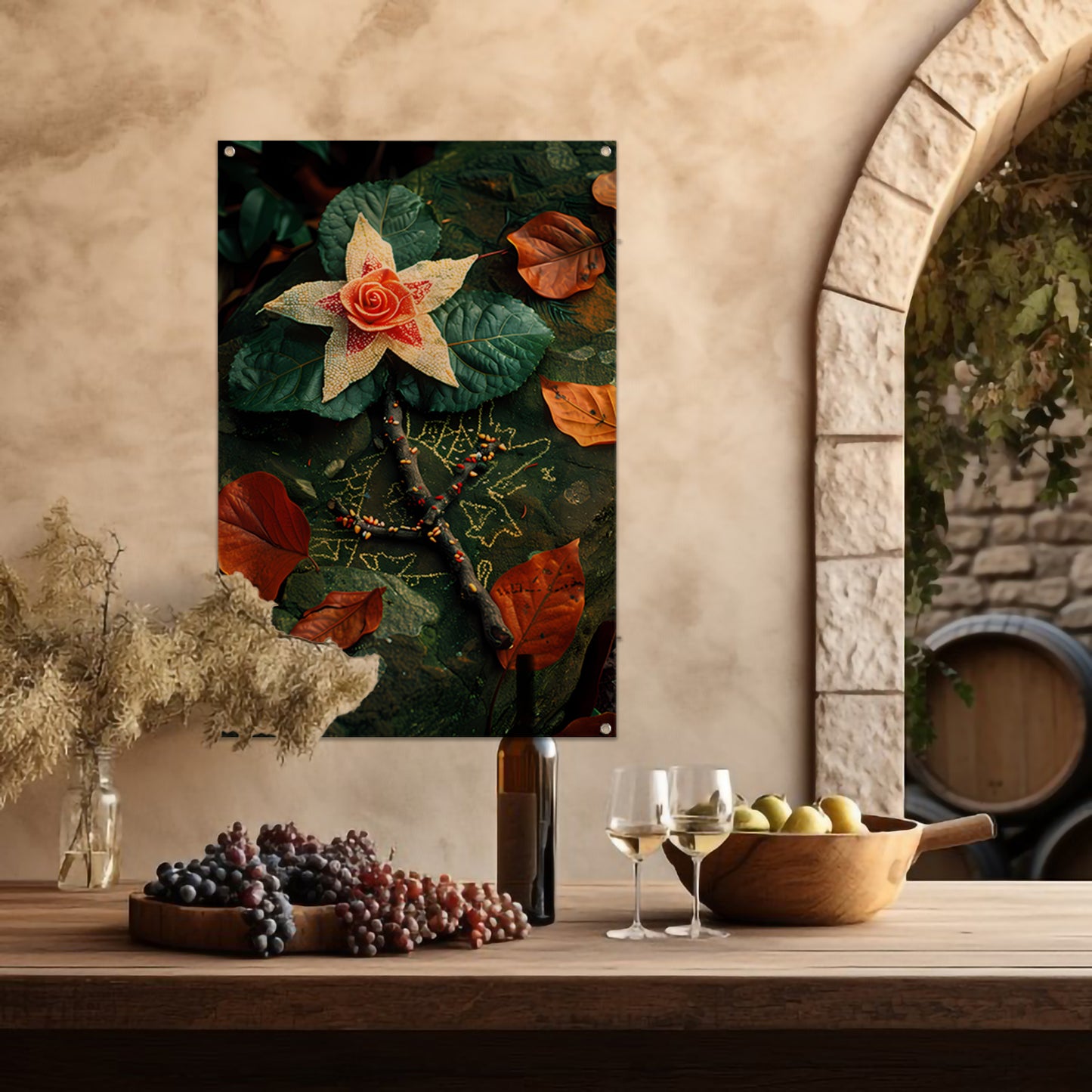 Bloem met juwelen op bed van stenen tuinposter
