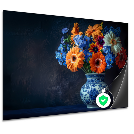 Elegante Bloemensamenstelling in Delfts Blauwe Vaas poster