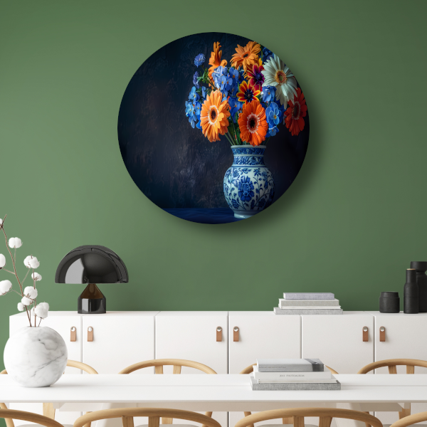 Elegante Bloemensamenstelling in Delfts Blauwe Vaas forex muurcirkel