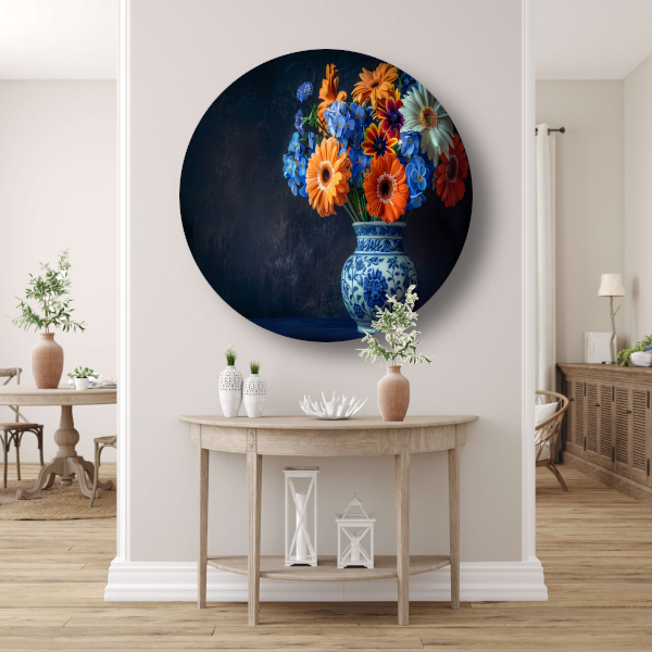 Elegante Bloemensamenstelling in Delfts Blauwe Vaas forex muurcirkel