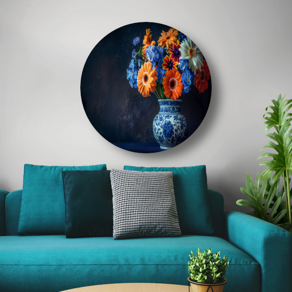 Elegante Bloemensamenstelling in Delfts Blauwe Vaas forex muurcirkel