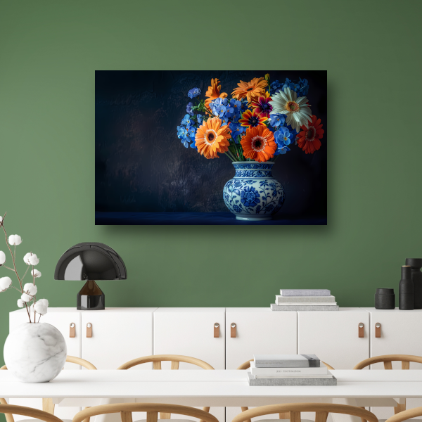 Elegante Bloemensamenstelling in Delfts Blauwe Vaas poster