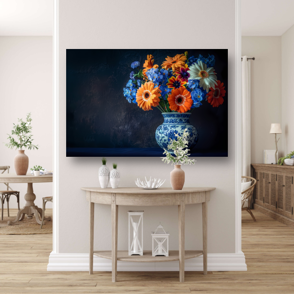 Elegante Bloemensamenstelling in Delfts Blauwe Vaas poster