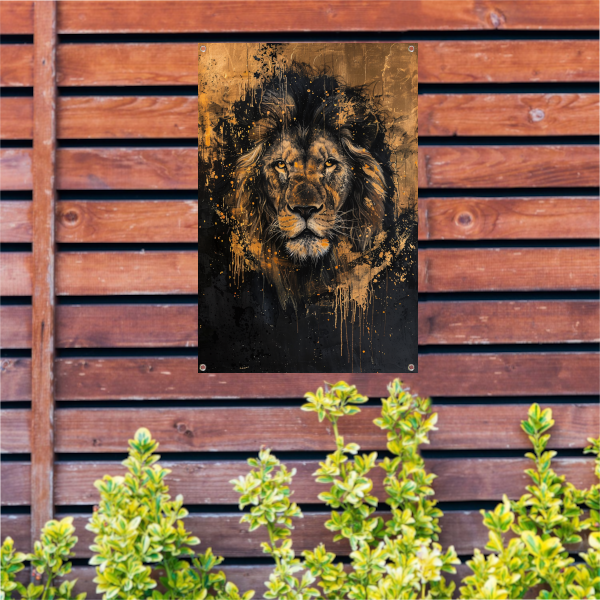 Mysterieuze leeuw met gouden spetters tuinposter