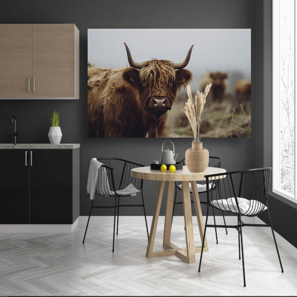Schotse Hooglander in mistig landschap canvas