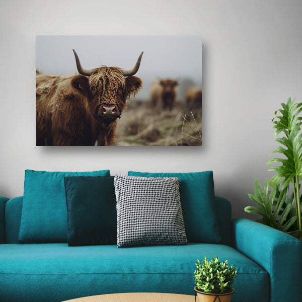Schotse Hooglander in mistig landschap canvas