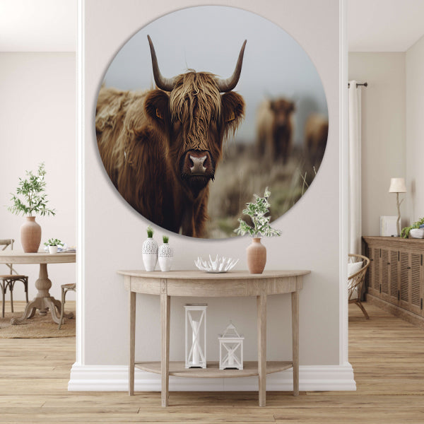 Schotse Hooglander in mistig landschap forex muurcirkel