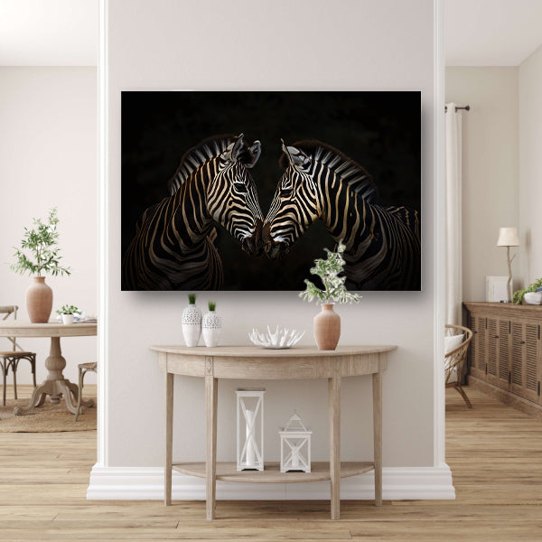 Twee zebras in een donkere omgeving poster