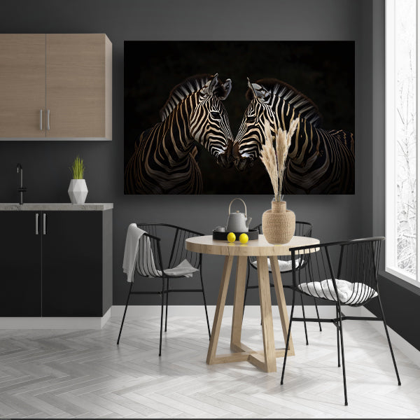 Twee zebras in een donkere omgeving poster