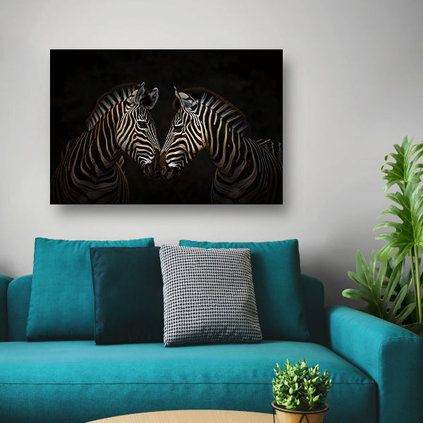 Twee zebras in een donkere omgeving poster