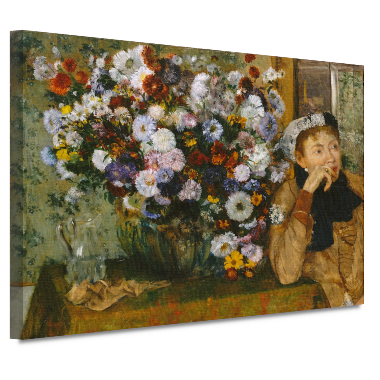 Een vrouw zittend naast een vaas met bloemen - Edgar Degas canvas