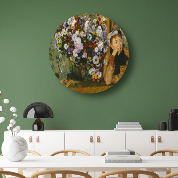 Een vrouw zittend naast een vaas met bloemen - Edgar Degas aluminium muurcirkel