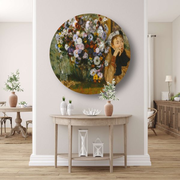 Een vrouw zittend naast een vaas met bloemen - Edgar Degas aluminium muurcirkel