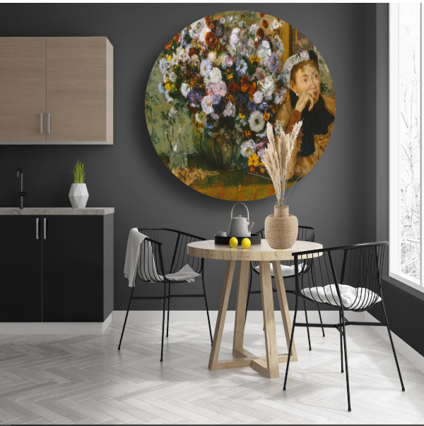 Een vrouw zittend naast een vaas met bloemen - Edgar Degas forex muurcirkel