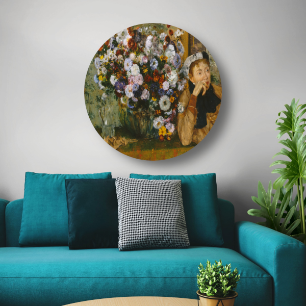 Een vrouw zittend naast een vaas met bloemen - Edgar Degas aluminium muurcirkel