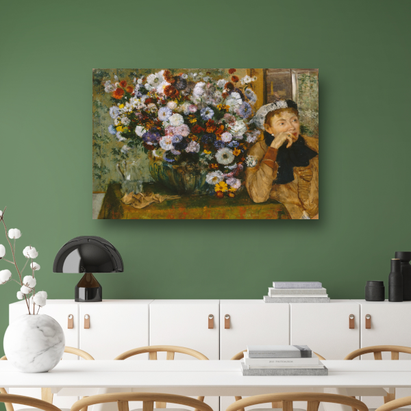 Een vrouw zittend naast een vaas met bloemen - Edgar Degas canvas met baklijst