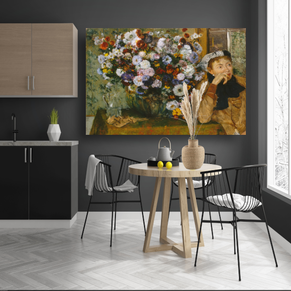 Een vrouw zittend naast een vaas met bloemen - Edgar Degas canvas met baklijst