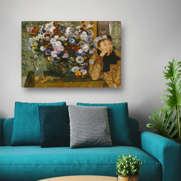 Een vrouw zittend naast een vaas met bloemen - Edgar Degas canvas met baklijst
