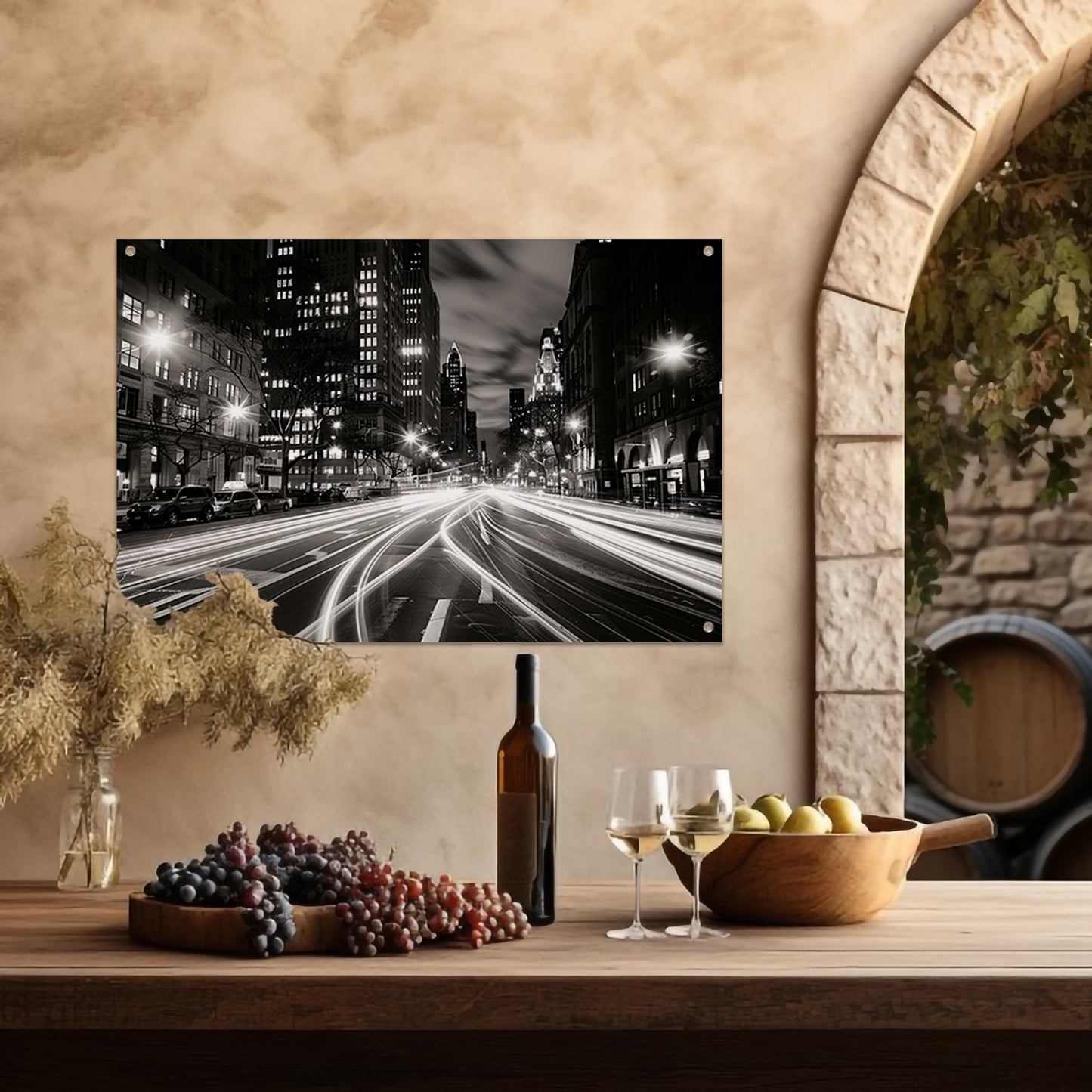 Lichtstrepen door een nachtelijke stad tuinposter