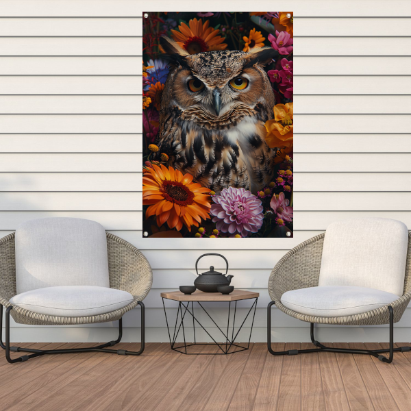 Intrigerende Uil omringd door Kleurrijke Bloei tuinposter